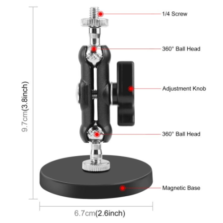 PULUZ PU1083B - ramię Magic Arm z podstawką/stojakiem magnetycznym - szczegóły i wymiary